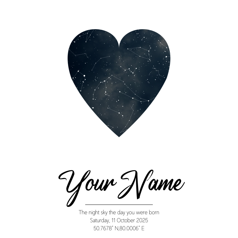 Personalised Heart Shaped Star Map A4 Print  -  Aantara Font