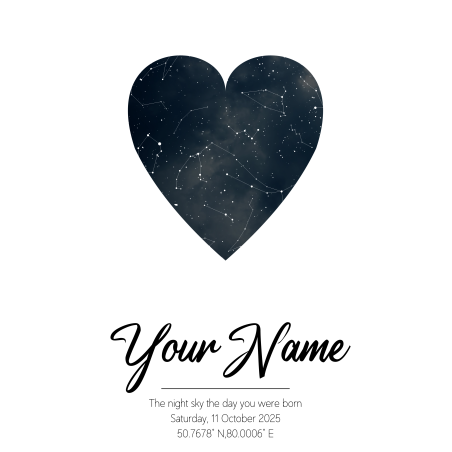 Personalised Heart Shaped Star Map A4 Print  -  Aantara Font
