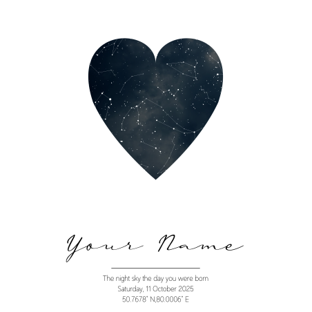 Personalised Heart Shaped Star Map A4 Print - Signature Font