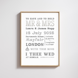 Personalised Mr & Mrs Print – Custom Wedding Gift for Couples, Newlyweds & Anniversaries Grey