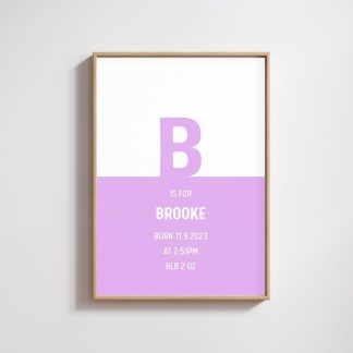 Personalised Baby Birth Stats Initial Print Pink
