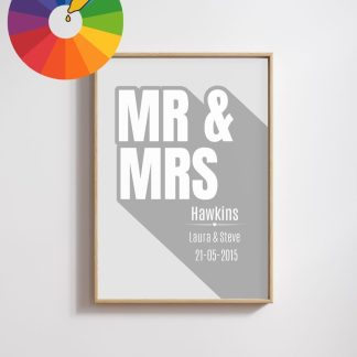 Personalised Mr & Mrs Print – Custom Wedding Gift for Couples, Newlyweds & Anniversaries Grey  [Colour Picker]