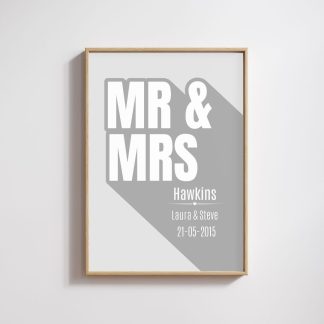 Personalised Mr & Mrs Print – Custom Wedding Gift for Couples, Newlyweds & Anniversaries Grey